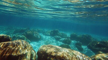 Naklejka premium Stunning underwater scene showcasing vibrant blue water and illuminated rock formations beneath the surface.