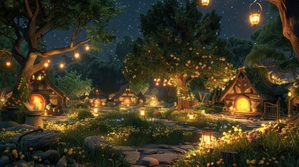 A serene nighttime scene of a whimsical village, illuminated by lanterns, surrounded by trees and blooming flowers, creating a magical and cozy atmosphere.