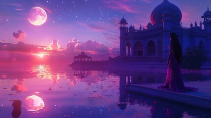 A tranquil scene featuring a majestic palace by a serene lake under a colorful sky with a moon, radiating magic and beauty at twilight.