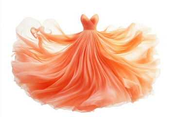beautiful orange dress with a long train is blowing in the wind. The dress is flowing and has a romantic, dreamy feel to it