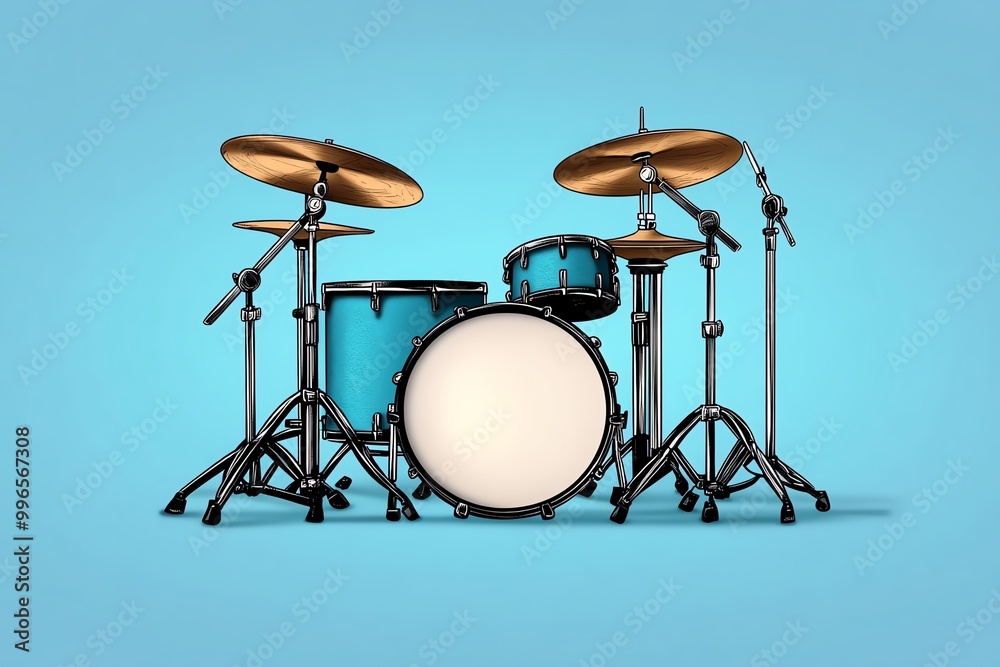 Poster a simple illustration of a drum set, highlighting only the essential elements in a clean, modern sty