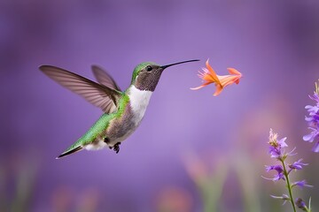 Fototapeta premium A hummingbird in mid flight with wildflowers sprouting from its back, Ai generated