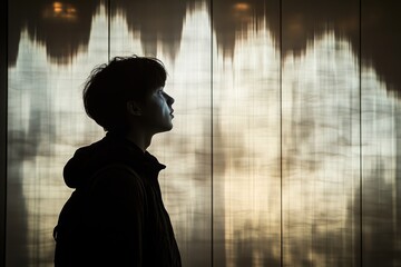 Silhouette of a man in profile contemplating in a serene indoor setting