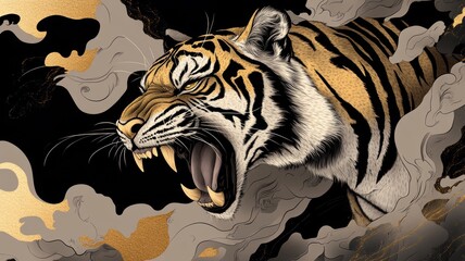 A fierce tiger roars, emerging from swirling clouds, showcasing its powerful presence and striking orange and black stripes.