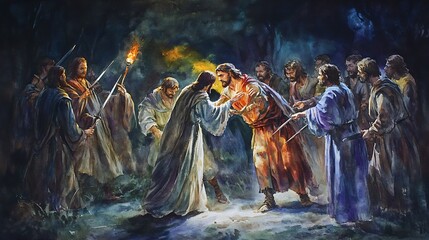 Watercolor Painting of Jesus Being Arrested in the Garden of Gethsemane.