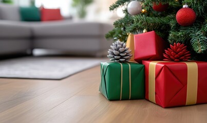 Close-Up of a Festive Christmas Tree Surrounded by Vibrant Gifts