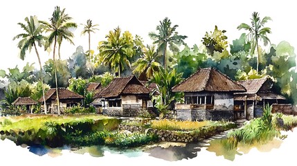 Fototapeta premium Watercolor Painting of Traditional Houses in a Tropical Landscape.