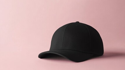 Fototapeta premium This photograph features a sleek black snapback hat placed on a smooth pastel grey backdrop, perfect for showcasing apparel in a commercial context