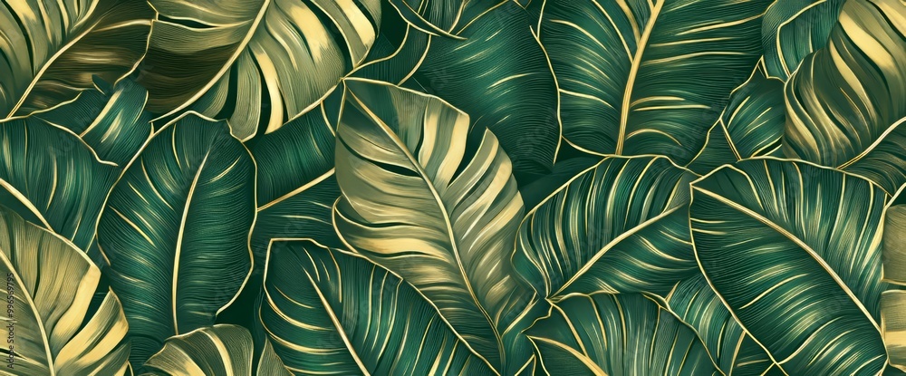 Canvas Prints Modern wallpaper design made from golden leaves with line art texture from monstera leaves, jungle leaves, exotic botanical floral pattern. Can be used as a print, banner, or wall art.