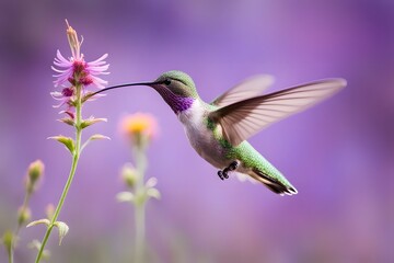 Fototapeta premium A hummingbird in mid flight with wildflowers sprouting from its back, Ai generated