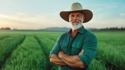 Fototapeta premium A smiling farmer stands proudly in a lush green field, showcasing the essence of rural life and agricultural dedication.