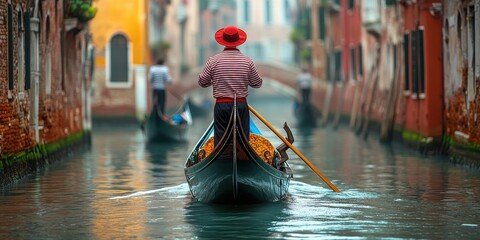 A gondolier navigates a tranquil canal in a picturesque city on water during a sunny day