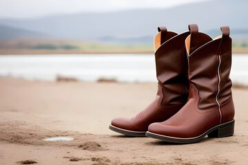 Naklejka premium unbranded isolated leather old cowboy boots, country, western, footwear, rustic, vintage, unbranded, isolated, fashion, classic, traditional, boots, brown leather, Americana, rugged, timeless, style