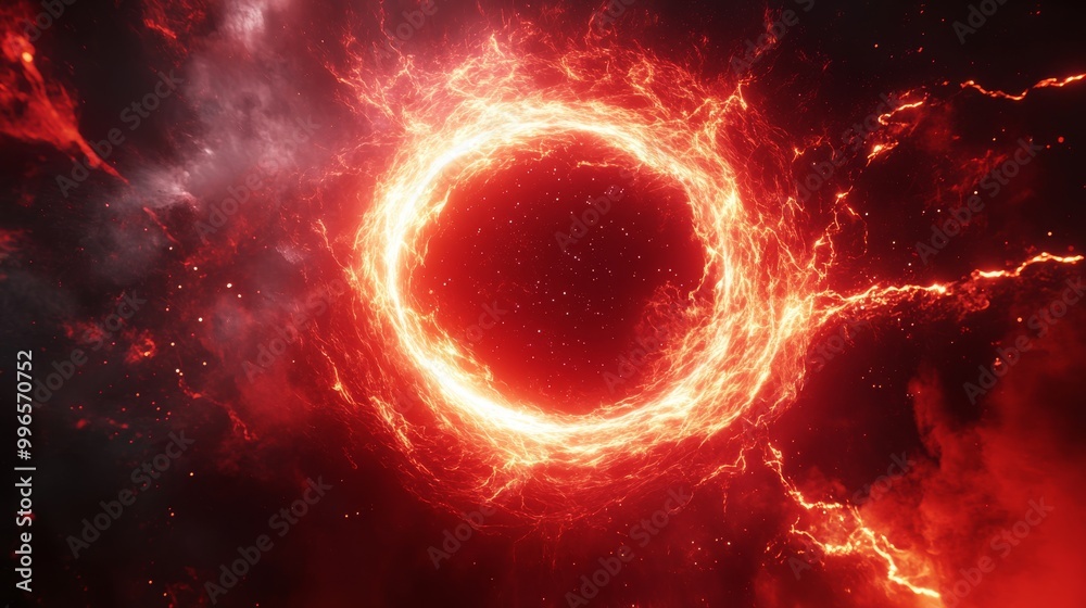 Poster the swirling red plasma lightning circle emits intense light while glowing particles orbit around it