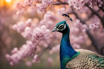 Obraz premium A majestic peacock adorned with cherry blossoms on its back posed against a sunset-colored bokeh background, Ai Generated