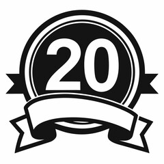 20 years anniversary logo template isolated on white, black and white stamp 20th anniversary icon label with ribbon, twenty year birthday seal symbol