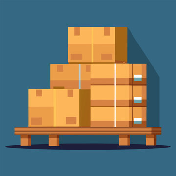 Boxes on wooded pallet vector illustration, flat style warehouse cardboard parcel boxes stack front view