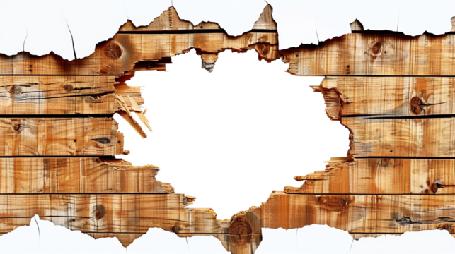 A hole through a wooden wall. Isolated on transparent background. PNG