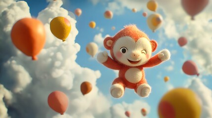 Adorable Sunwukong plush flying through the sky with balloons made of wool felt floating around