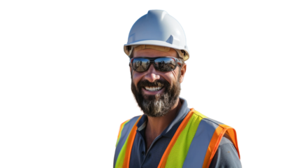 Construction worker in hardhat on transparent background PNG. 


