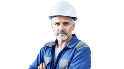 Smiling senior man factory worker wearing hardhat on transparent background PNG. 
