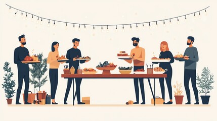 Thanksgiving friends gathering with potluck dishes, cozy home setting, warm lighting, flat design, isolated on white background