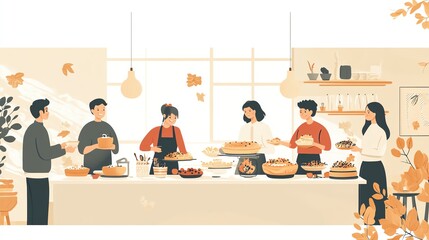Thanksgiving friends gathering with potluck dishes, cozy home setting, warm lighting, flat design, isolated on white background