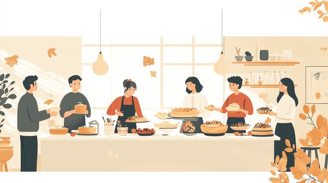 Thanksgiving friends gathering with potluck dishes, cozy home setting, warm lighting, flat design, isolated on white background