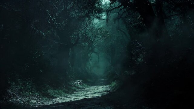 Dark Magic Trail Haunted Forest Path with Enchanted Glowing Bottles