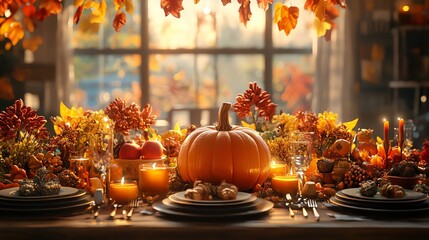 Thanksgiving gathering with friends, cozy table setting, laughter and conversation, 3D illustration