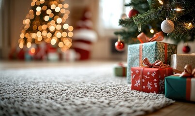 Close-Up of a Festive Christmas Tree Surrounded by Vibrant Gifts