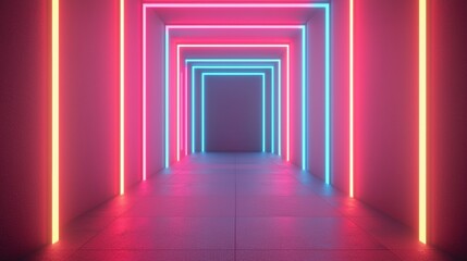 Fototapeta premium A vibrant neon-lit corridor with colorful lights and reflective surfaces.