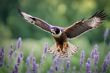 Obraz premium A regal falcon with delicate lavender flowers on its back soaring in front of a green bokeh background, Ai Generated
