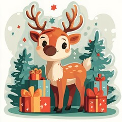 Festive Winter Deer with Wrapped Christmas Gifts Surrounded by Snowflakes and Pine Branches Illustration – Perfect for Holiday Cards and Seasonal Decorations.