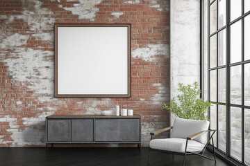 A white poster in frame for mockup on the wall and a vintage sideboard 