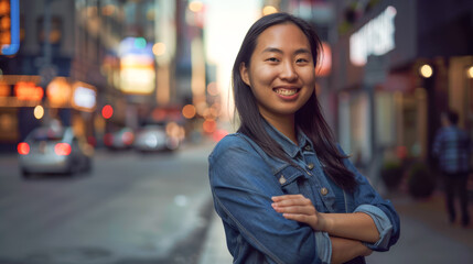 Smiling girl in business clothes against the background of the street
