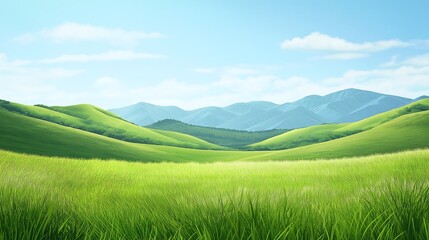 Cartoon-style grassy hills with a blue sky, a cartoon-style green grass in the foreground, hills and mountains in the background, a cartoon grassy field