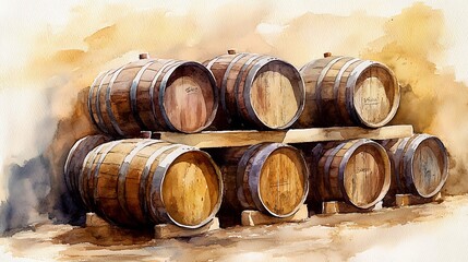 Watercolor painting of wooden barrels in a winery.