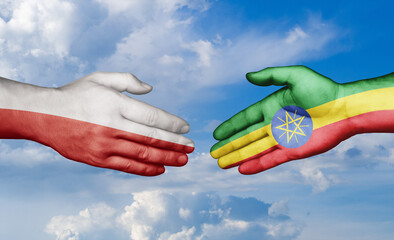 Ethiopia and Poland country handshaking with flags, consensus concept international co-operation illustration