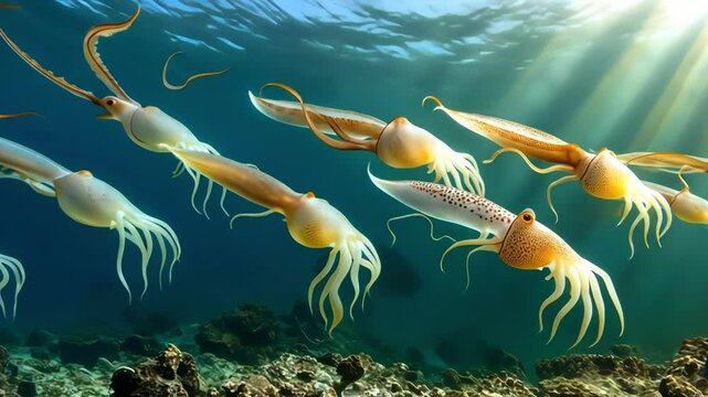 A vibrant underwater scene showcasing a group of squids swimming gracefully, illuminated by light rays in their natural habitat