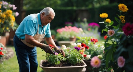 Fototapeta premium Calm elderly Hispanic gardener in a garden planting flowers