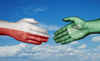 Poland and Saudi Arabia country handshaking with flags, consensus concept international co-operation illustration