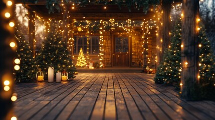 Fototapeta premium An empty scene featuring (a beautiful outdoor Christmas display with lights and decorations), creating an ideal product mockup space, 