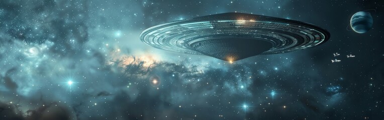 A gigantic UFO floats in the vastness of deep space, surrounded by distant stars, nebulae, and spacecraft, creating a mysterious and awe-inspiring scene Wide web banner.