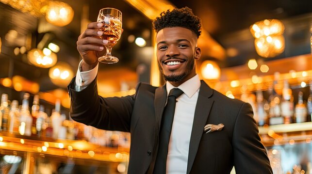 A stylish man in a suit toasting with a drink at a vibrant bar, exuding confidence and celebration in a lively atmosphere.