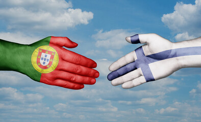 Finland and Portugal country handshaking with flags, consensus concept international co-operation illustration