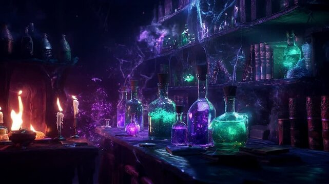 Enchanting Alchemy Dark Witchcraft Workshop with Elixirs and Glowing Candles