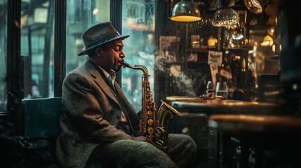 Obraz premium A man in a hat plays the saxophone in a dimly lit cafe.