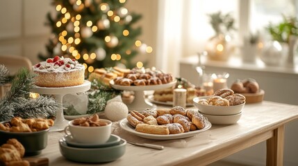 Naklejka premium An empty scene featuring (a beautifully set Christmas breakfast table with festive treats), creating an ideal product mockup space, 