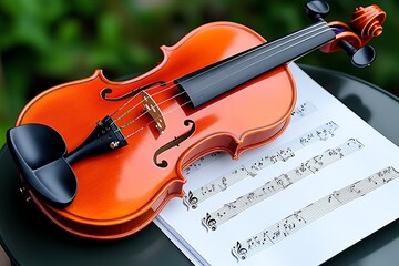 Naklejka premium A violin lying on a table with sheet music, showing the beauty of the instrument before a performance